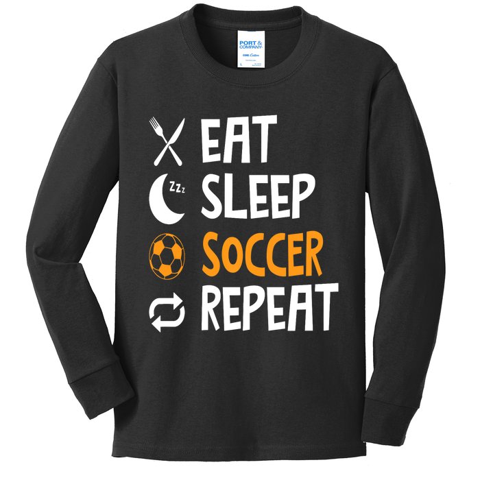 Funny Eat Sleep Soccer Repeat Player Coach Kids Long Sleeve Shirt