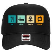 Funny Eat Sleep Fix Car Repeat High Crown Mesh Back Trucker Hat