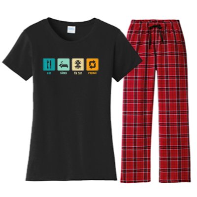 Funny Eat Sleep Fix Car Repeat Women's Flannel Pajama Set