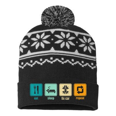 Funny Eat Sleep Fix Car Repeat USA-Made Snowflake Beanie