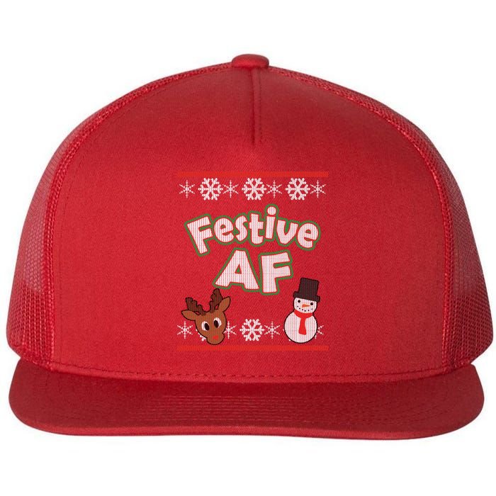 Festive AF Ugly Christmas Sweater Flat Bill Trucker Hat