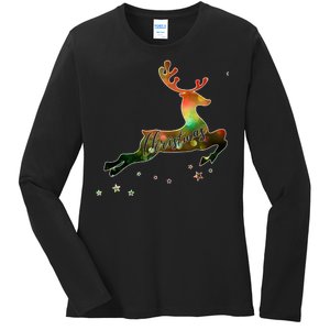 Festive Christmas Leaping Reindeer Ladies Long Sleeve Shirt