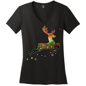 Festive Christmas Leaping Reindeer Women's V-Neck T-Shirt