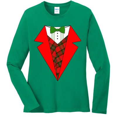 Festive Christmas Red Tuxedo Ladies Long Sleeve Shirt