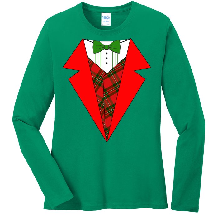 Festive Christmas Red Tuxedo Ladies Long Sleeve Shirt