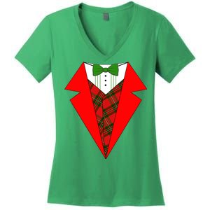 Festive Christmas Red Tuxedo Women's V-Neck T-Shirt