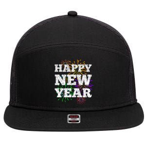 Festive Happy New Year Fireworks 7 Panel Mesh Trucker Snapback Hat