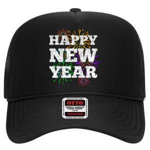 Festive Happy New Year Fireworks High Crown Mesh Back Trucker Hat