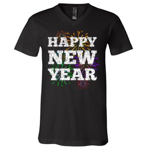 Festive Happy New Year Fireworks V-Neck T-Shirt