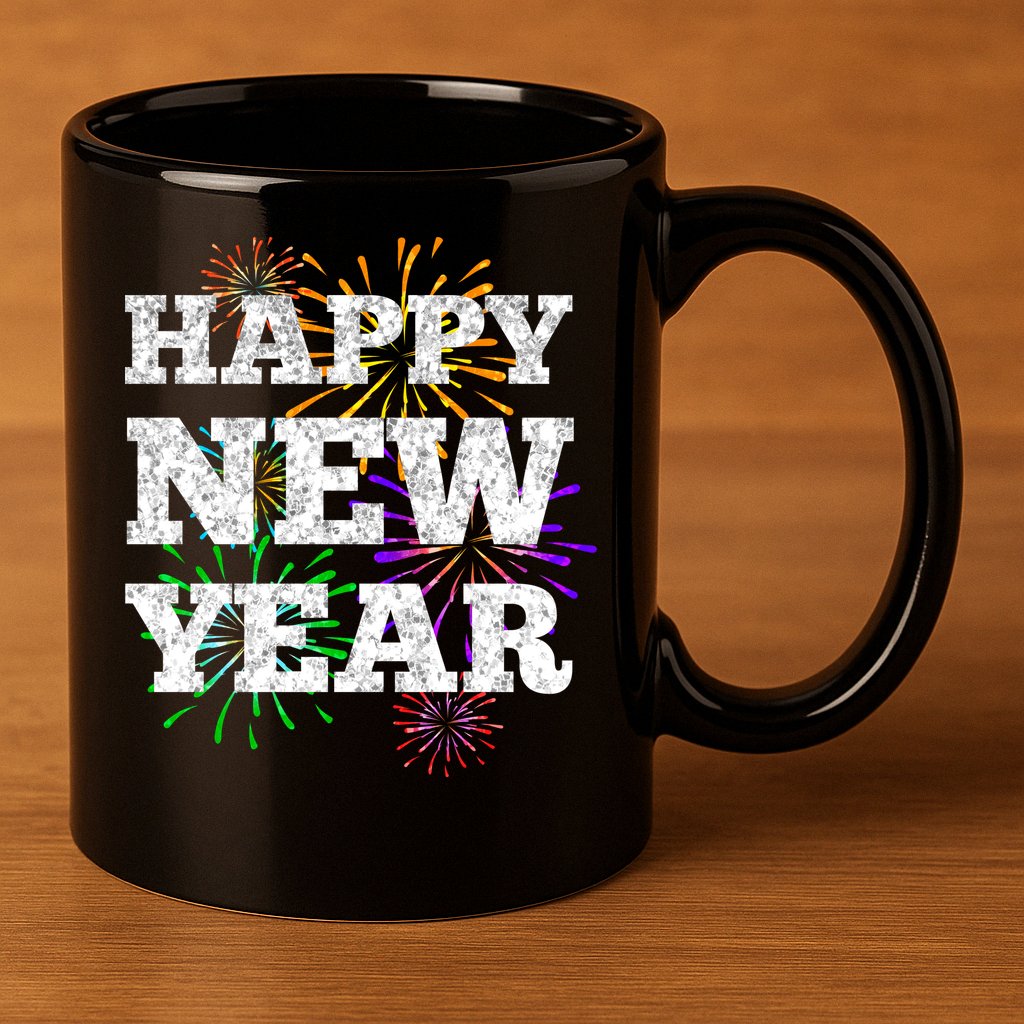 Festive Happy New Year Fireworks 11oz C Handle Ceramic Mug