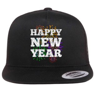 Festive Happy New Year Fireworks Flat Bill Trucker Hat