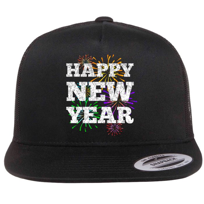 Festive Happy New Year Fireworks Flat Bill Trucker Hat