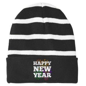 Festive Happy New Year Fireworks Striped Beanie with Solid Band