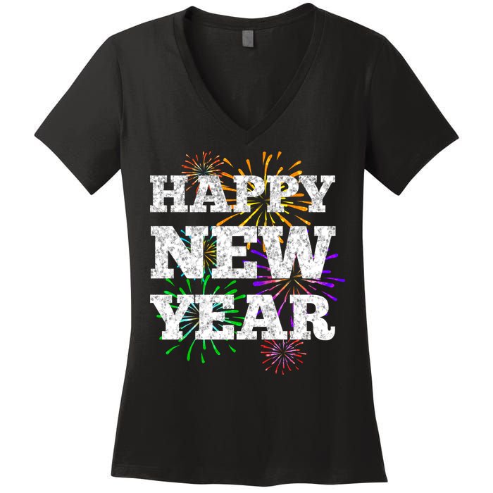 Festive Happy New Year Fireworks Women's V-Neck T-Shirt