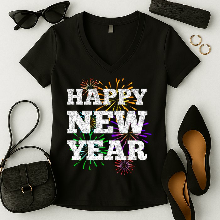 Festive Happy New Year Fireworks Women's V-Neck T-Shirt