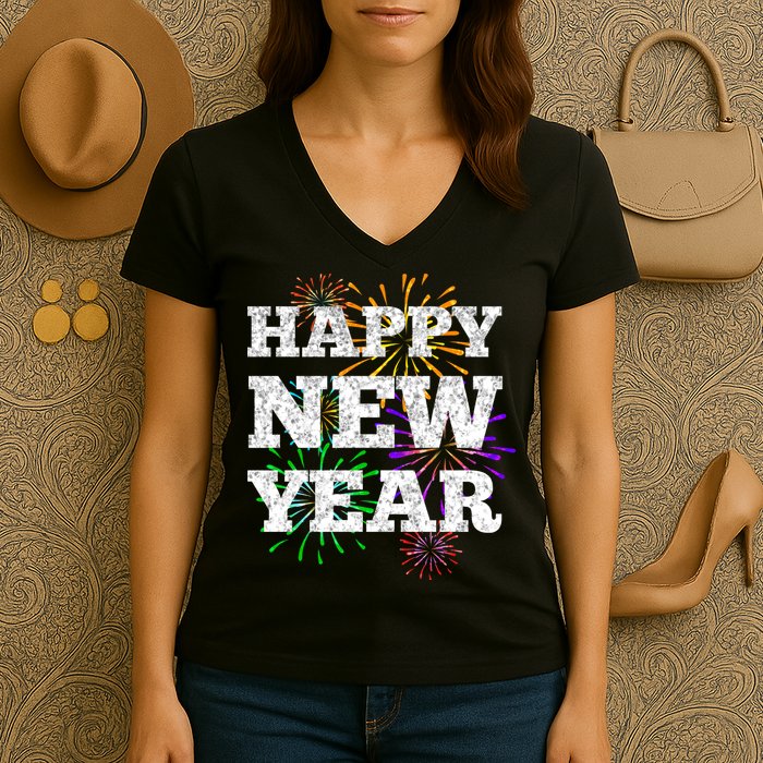 Festive Happy New Year Fireworks Women's V-Neck T-Shirt