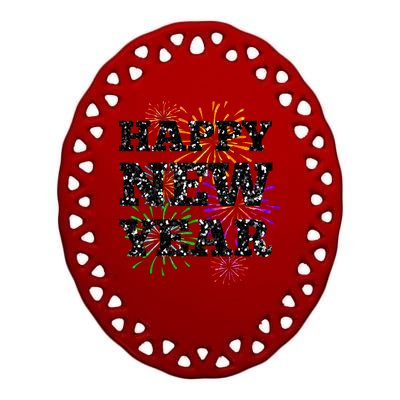 Festive Happy New Year Fireworks Ceramic Oval Ornament