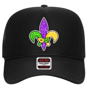 Festive Mardi Gras Fleur De Lis And Party Mask High Crown Mesh Back Trucker Hat