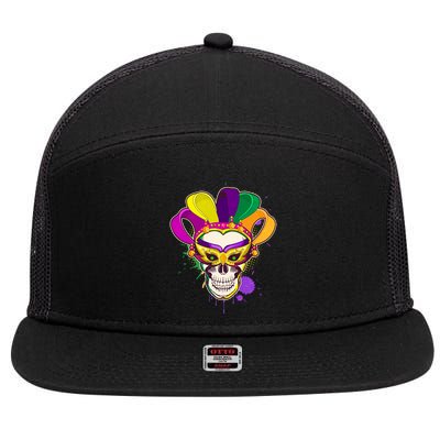 Festive Mardi Gras Skull  7 Panel Mesh Trucker Snapback Hat
