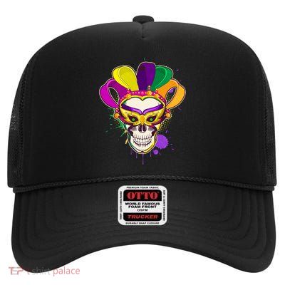 Festive Mardi Gras Skull  High Crown Mesh Back Trucker Hat