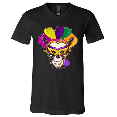 Festive Mardi Gras Skull  V-Neck T-Shirt