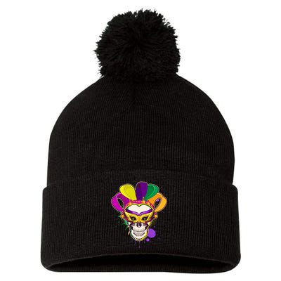 Festive Mardi Gras Skull  Pom Pom 12in Knit Beanie