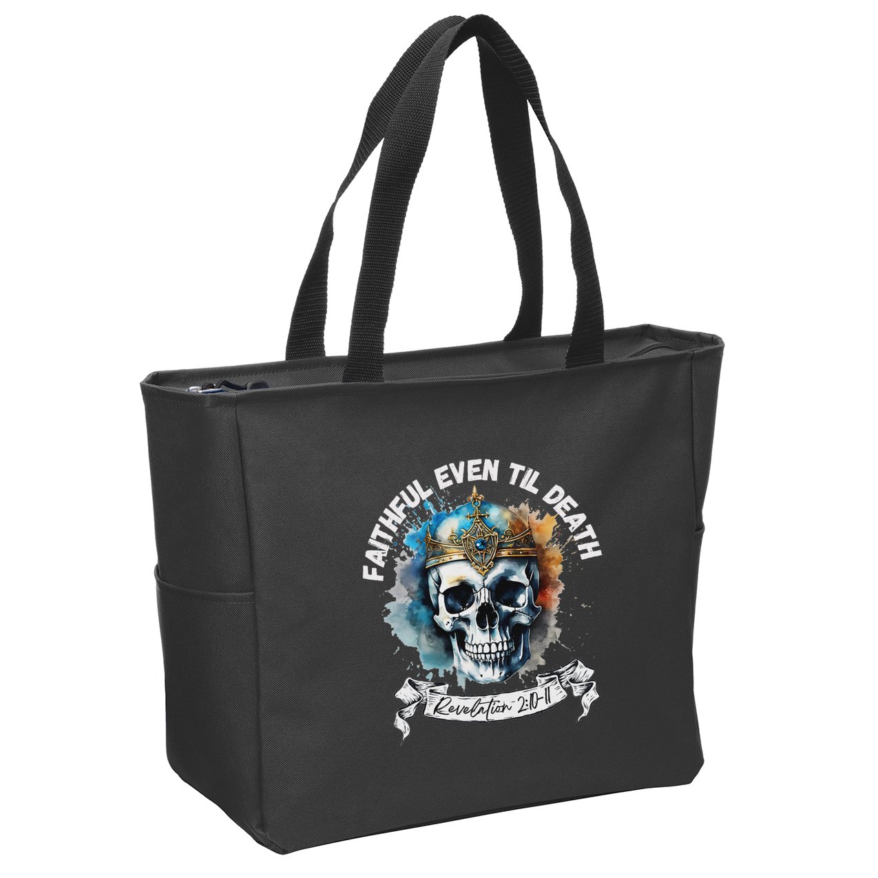 Faithful Even To Death – Revelation 210 11 Skull Zip Tote Bag