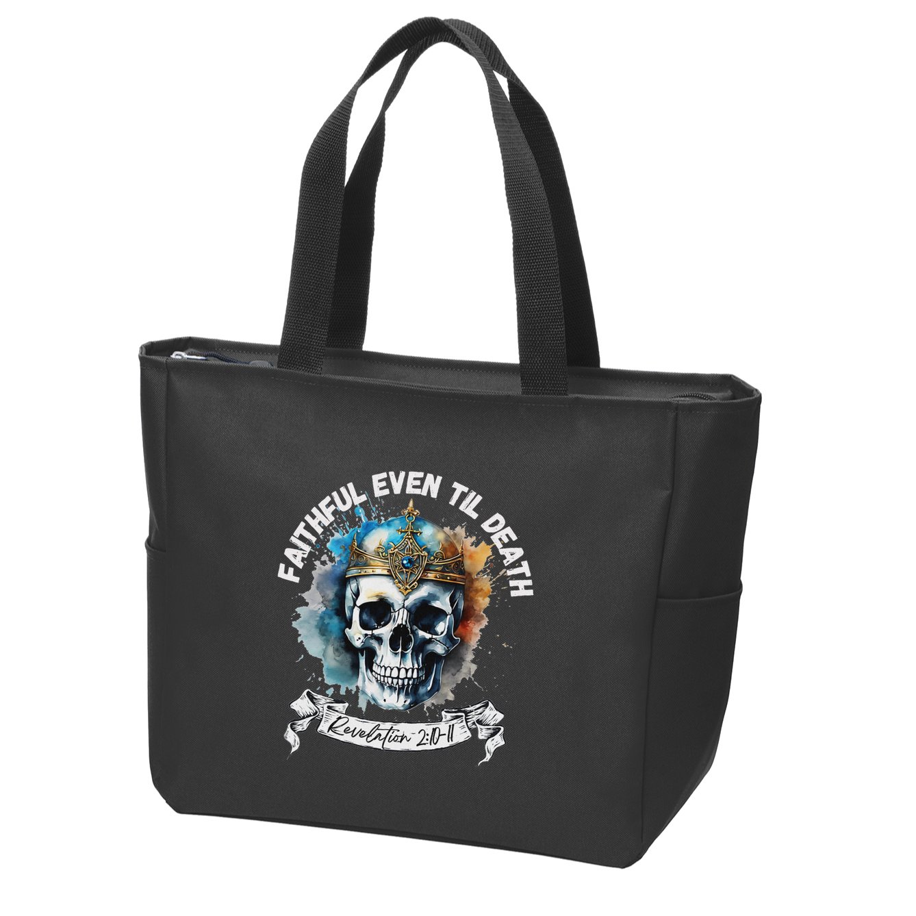 Faithful Even To Death – Revelation 210 11 Skull Zip Tote Bag