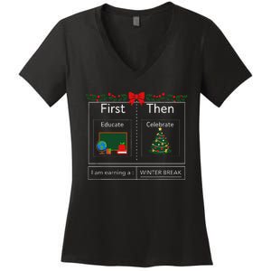 First Educate Then Celebrate Winter Break Christmas Teacher Women's V-Neck T-Shirt