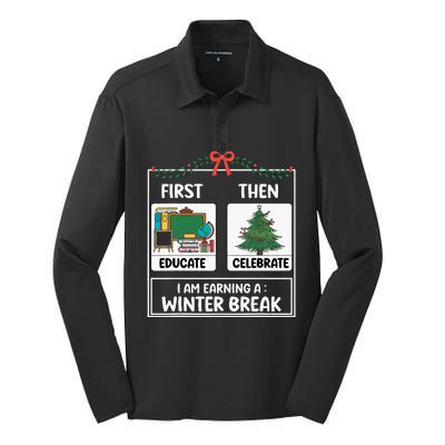 First Educate Then Celebrate Christmas Teacher Winter Break Silk Touch Performance Long Sleeve Polo