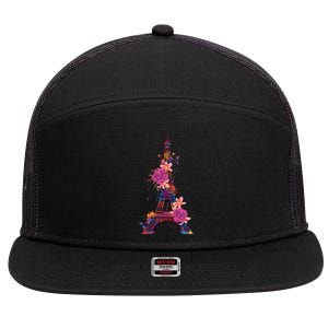 Floral Eiffel Tower Paris 7 Panel Mesh Trucker Snapback Hat