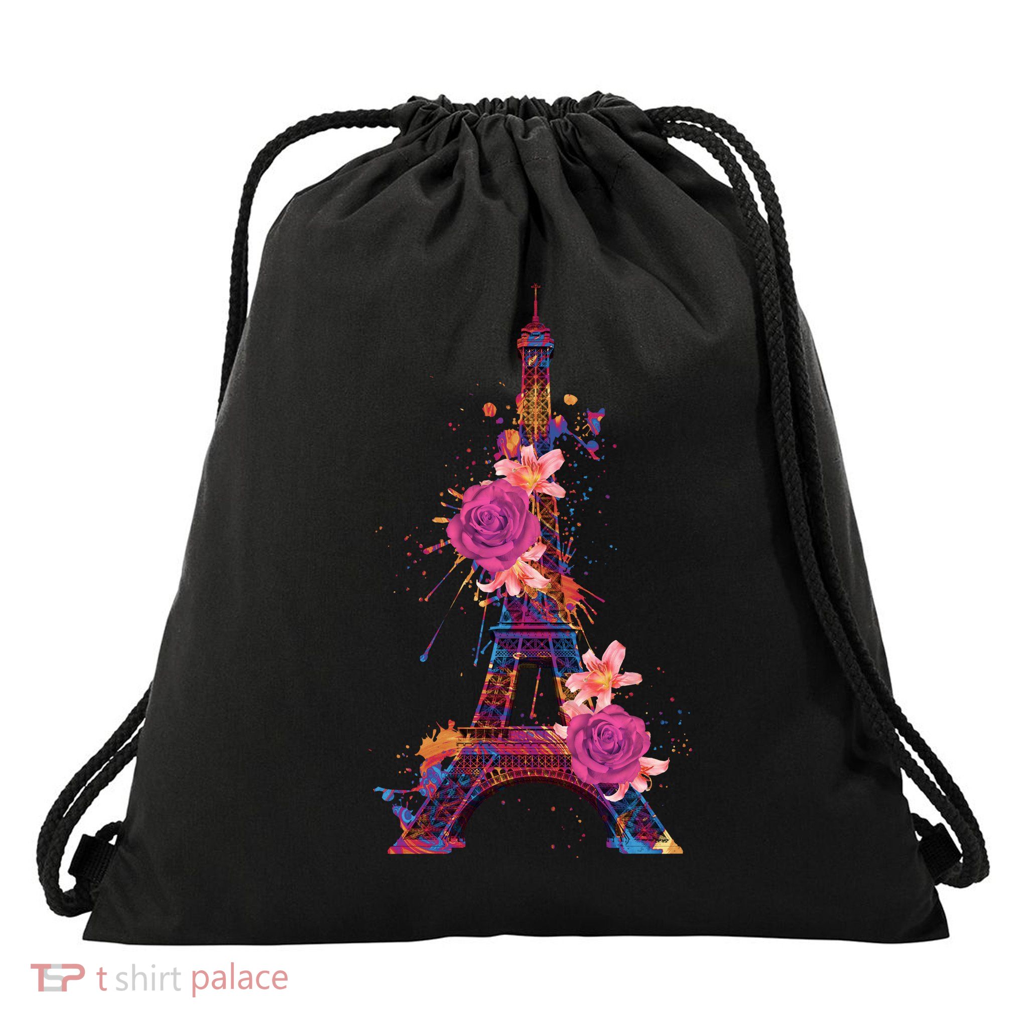 Floral Eiffel Tower Paris Drawstring Bag