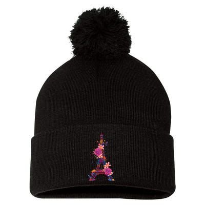 Floral Eiffel Tower Paris Pom Pom 12in Knit Beanie