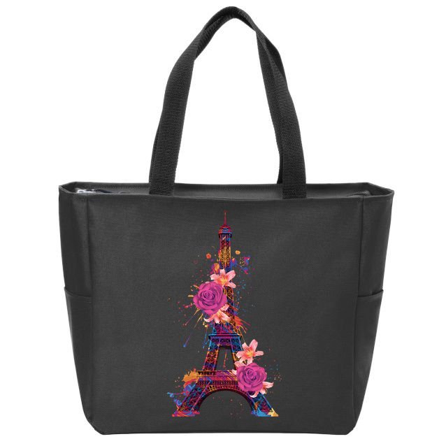 Floral Eiffel Tower Paris Zip Tote Bag