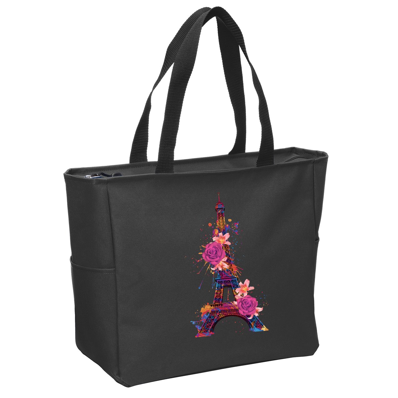 Floral Eiffel Tower Paris Zip Tote Bag