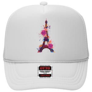 Floral Eiffel Tower Paris High Crown Mesh Back Trucker Hat