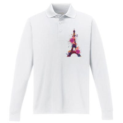 Floral Eiffel Tower Paris Performance Long Sleeve Polo