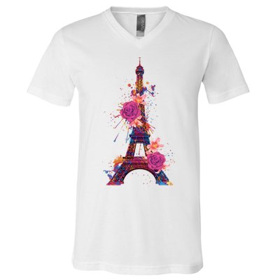 Floral Eiffel Tower Paris V-Neck T-Shirt