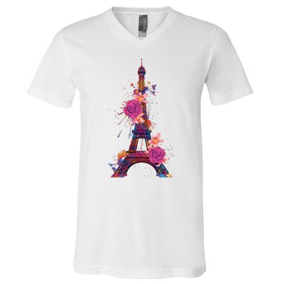 Floral Eiffel Tower Paris V-Neck T-Shirt