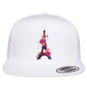 Floral Eiffel Tower Paris Flat Bill Trucker Hat