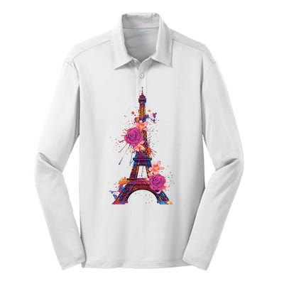 Floral Eiffel Tower Paris Silk Touch Performance Long Sleeve Polo