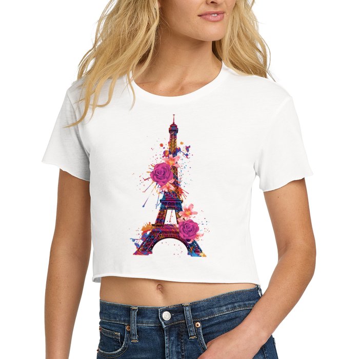Floral Eiffel Tower Paris Women's Crop Top Tee