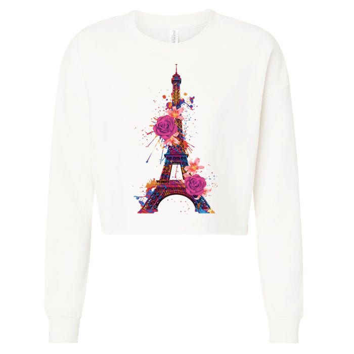 Floral Eiffel Tower Paris Cropped Pullover Crew