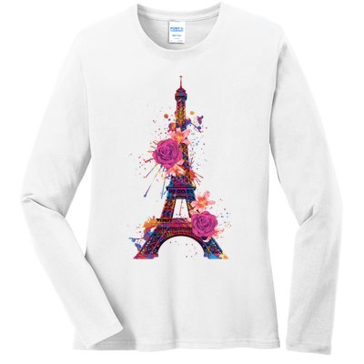 Floral Eiffel Tower Paris Ladies Long Sleeve Shirt