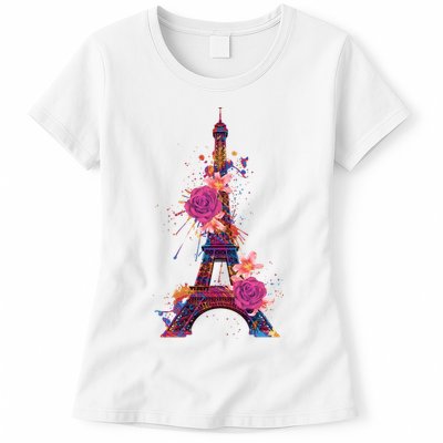 Floral Eiffel Tower Paris Womens T-Shirt