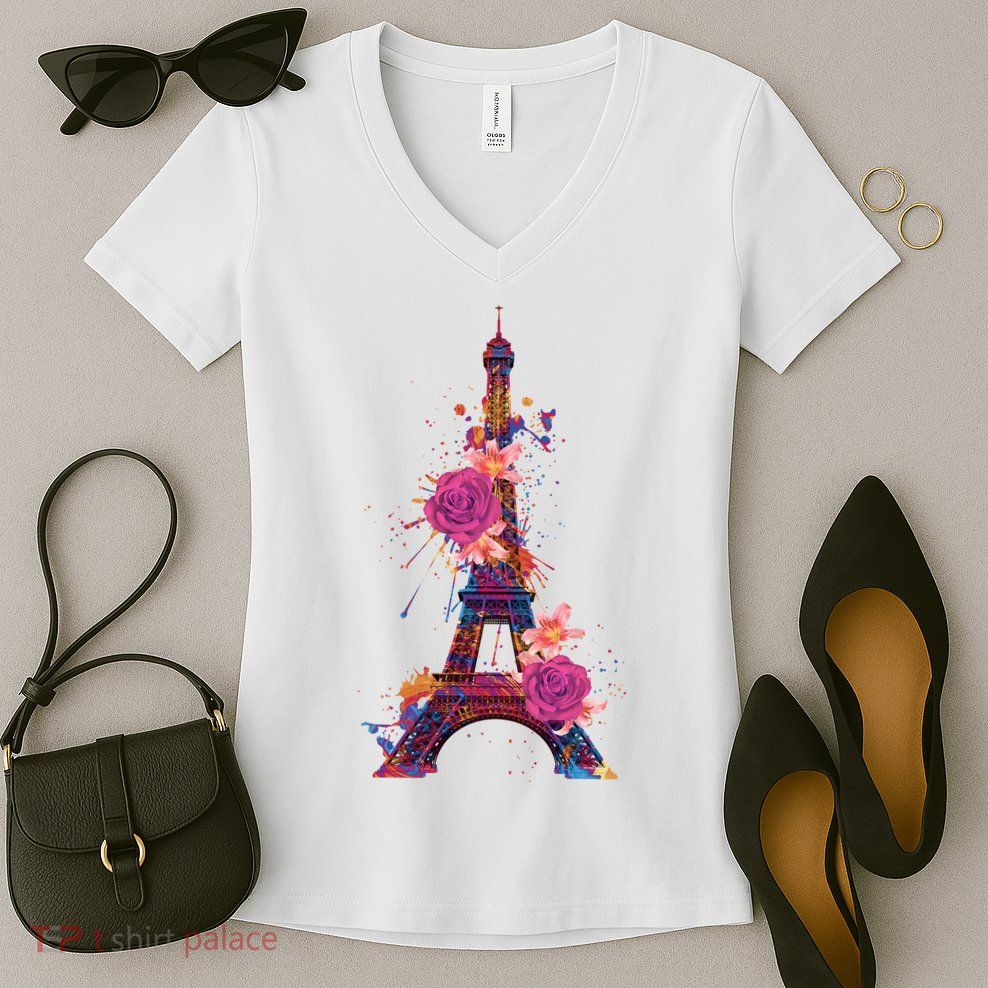 Floral Eiffel Tower Paris Women's V-Neck T-Shirt