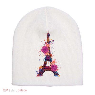 Floral Eiffel Tower Paris Short Acrylic Beanie