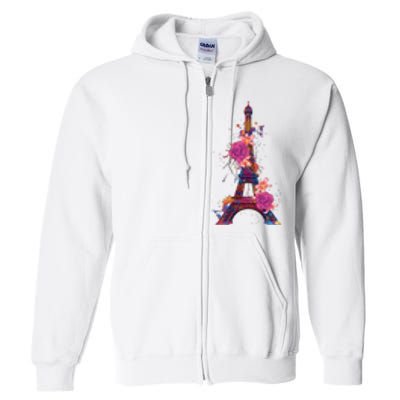 Floral Eiffel Tower Paris Full Zip Hoodie