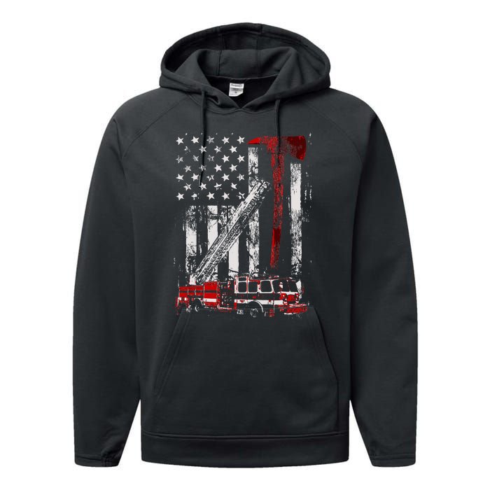 Fire Engine Truck Axe Thin Red Line Firetruck Performance Fleece Hoodie