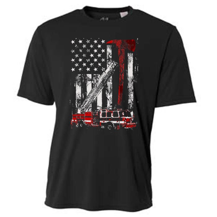 Fire Engine Truck Axe Thin Red Line Firetruck Cooling Performance Crew T-Shirt